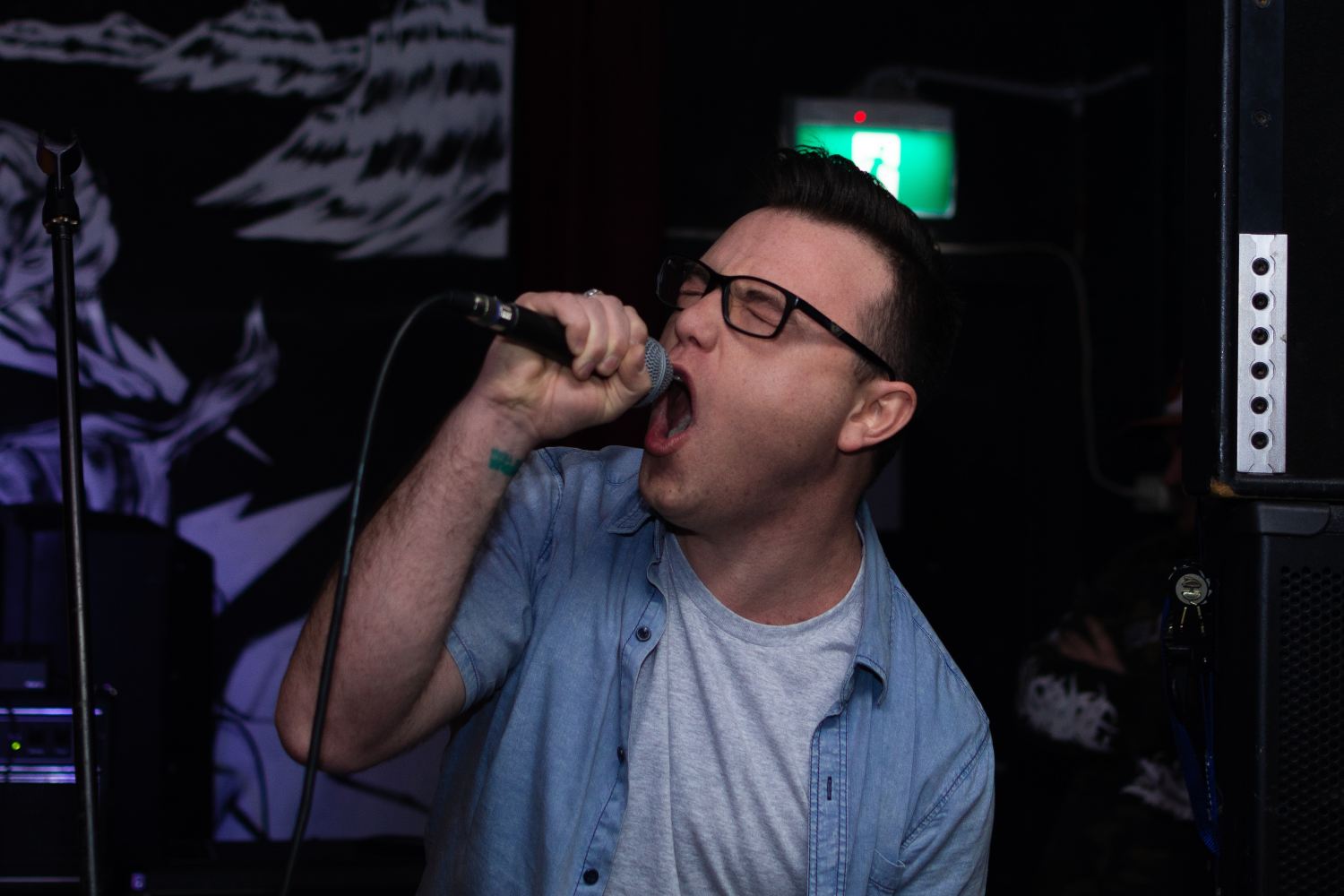 A man sings into a microphone in Karaoke